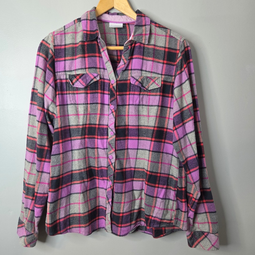 Columbia Womens Purple Plaid Flannel Button Down Shirt Long Sleeve Outdoor